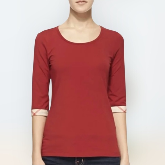 Burberry Brit Scoop Neck Tee With Check Cuffs - Picture 1 of 16